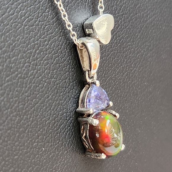 VID! 925 Natural Ethiopian Black Opal & Tanzanite Pendant Charm Necklace, Italy - Picture 4 of 14